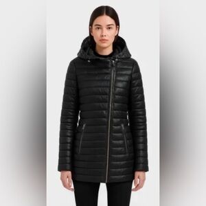 Atelier Noir Black Cortina Coat Quilted Jacket Duck Down Lamb Leather Trim Large